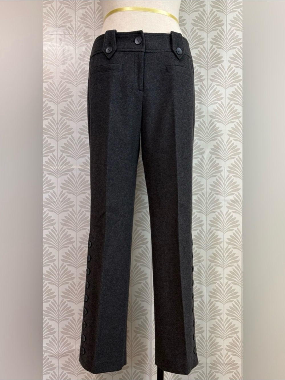 Moiselle Straight Leg Button-Trim Gray Wool Pants
